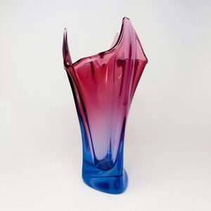 Vintage Hand Blown Sommerso Art Glass Vase Blue Pink Handkerchief Murano Style